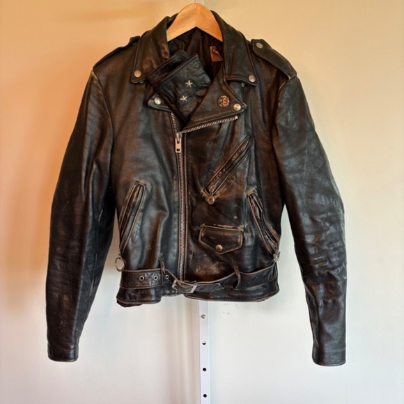 Distress Leather Motorcycle Jacket and Gloves - Picture 3 of 11